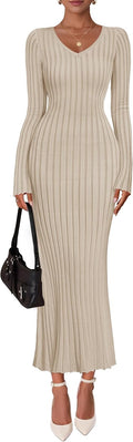 ZESICA Women's Fall Sweater Dress V Neck Ribbed Knit Bodycon