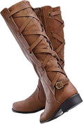 Syktkmx Womens Strappy Motorcycle Knee High Boots - Low Heel Style