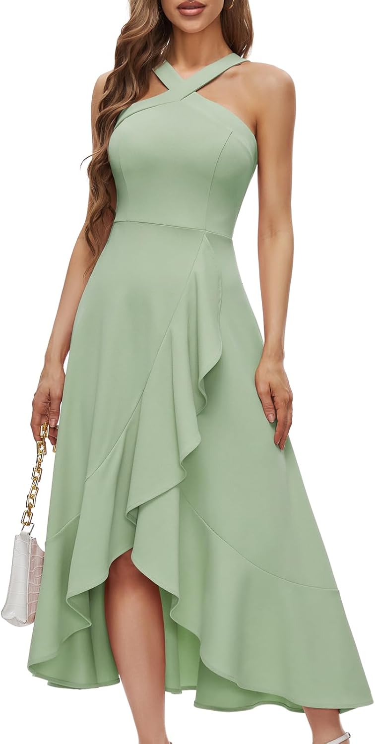 Halter Cocktail Dress for Women - Ruffled Maxi Evening Party Dress