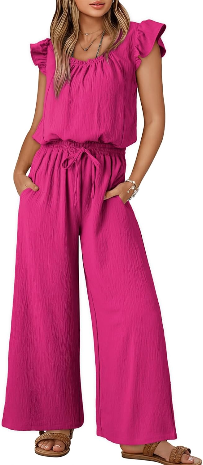 Dokotoo Summer Ruffle Sleeve Jumpsuit with Pockets for Women