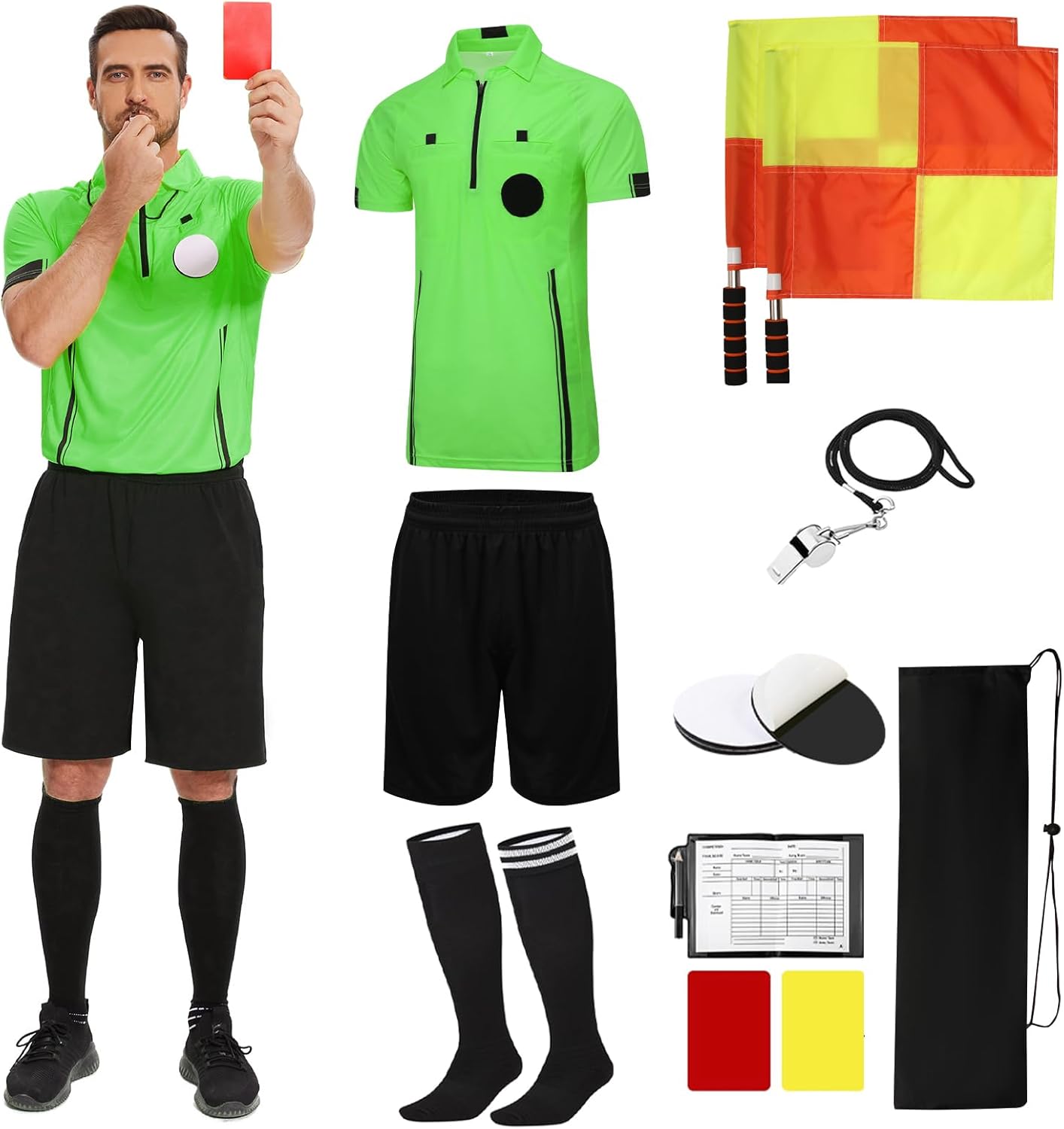 Pro Soccer Referee Kit with Shirt, Shorts, Whistle and Flags
