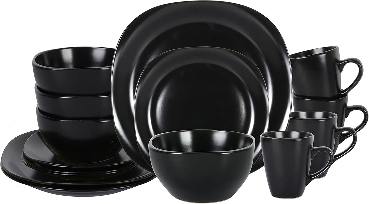 Stoneware Square 16pc Dinnerware Set in Matte Black for Modern Dining