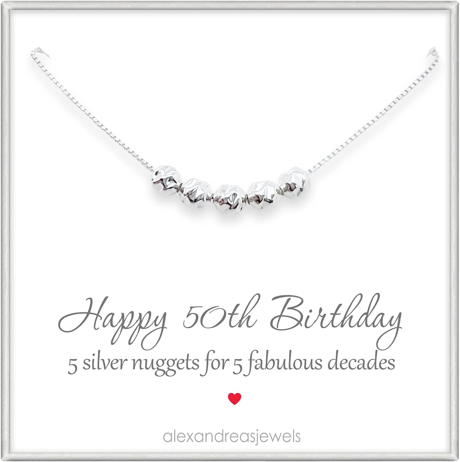 50th Birthday Gift for Women, Sterling Silver 5 Nuggets Necklace
