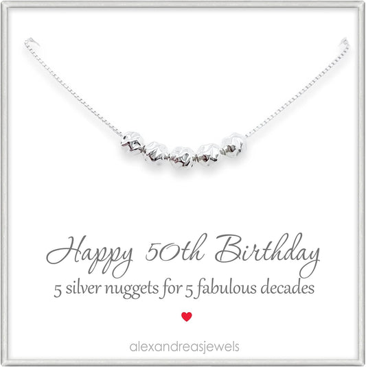 50th Birthday Gift for Women, Sterling Silver 5 Nuggets Necklace