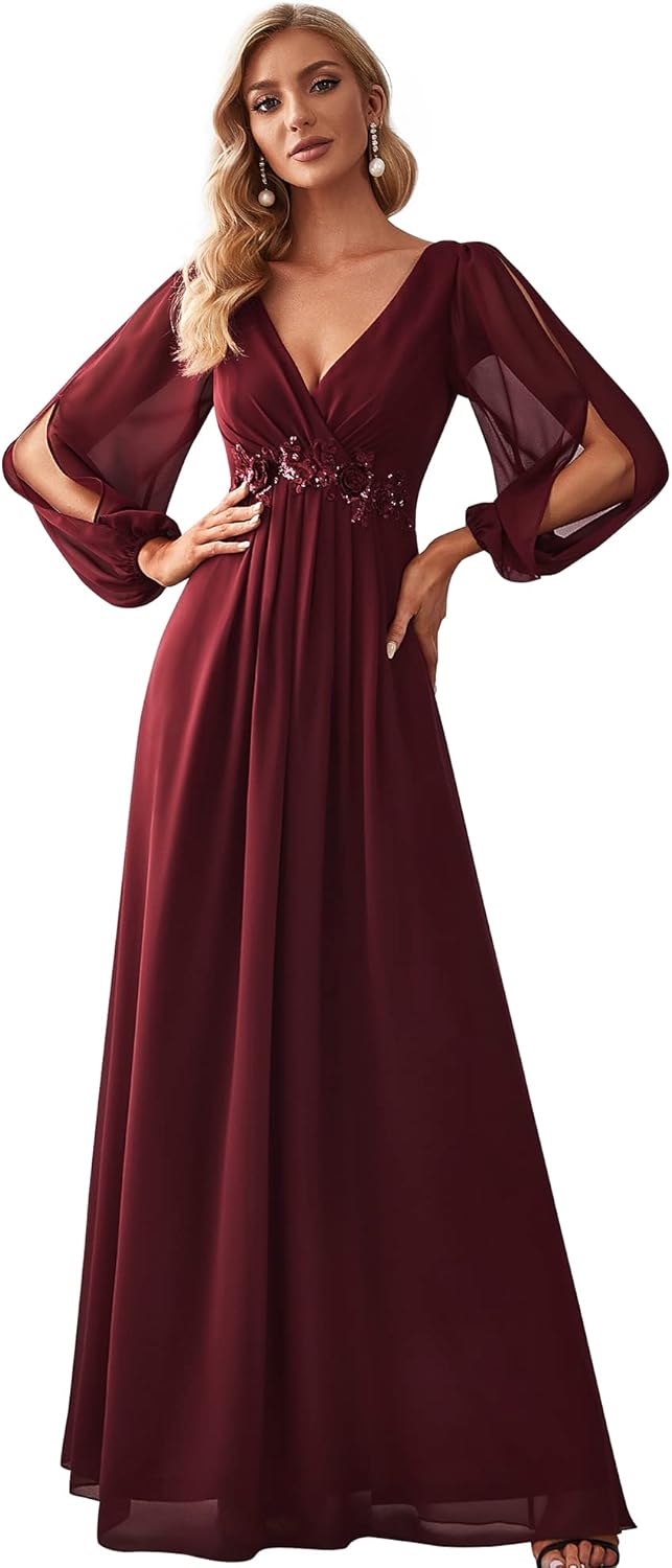 Elegant V Neck Long Lantern Sleeves Floor Length Dress for You