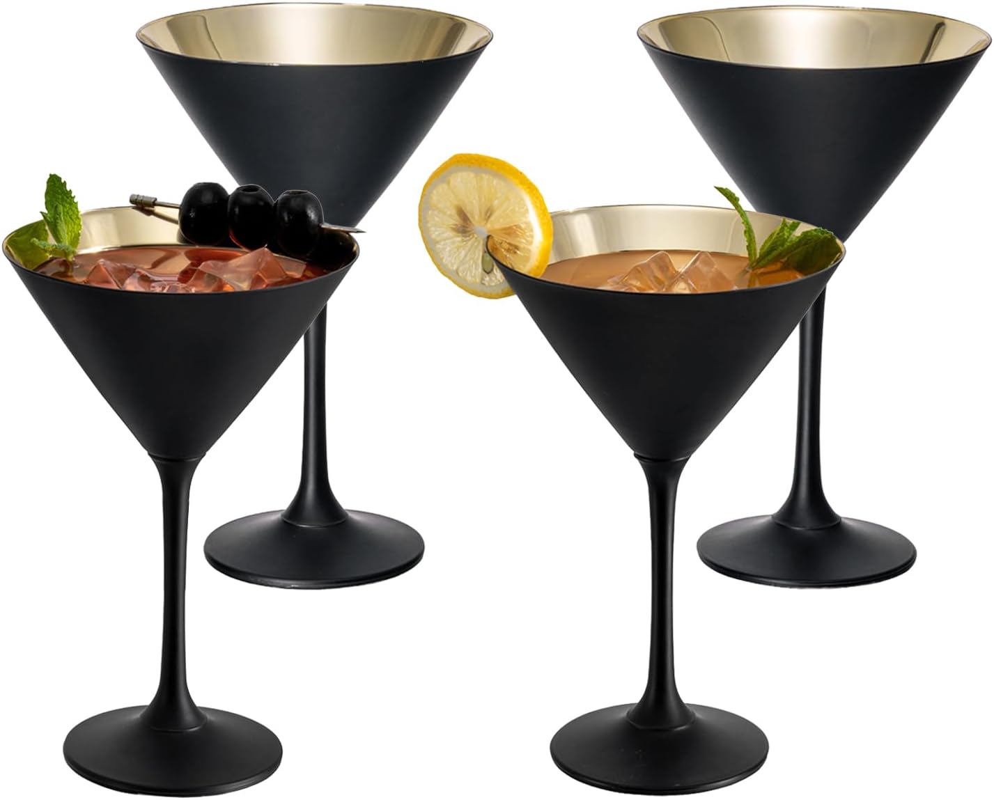 Modern Matte Black and Gold Tone Martini Glasses Set of 4