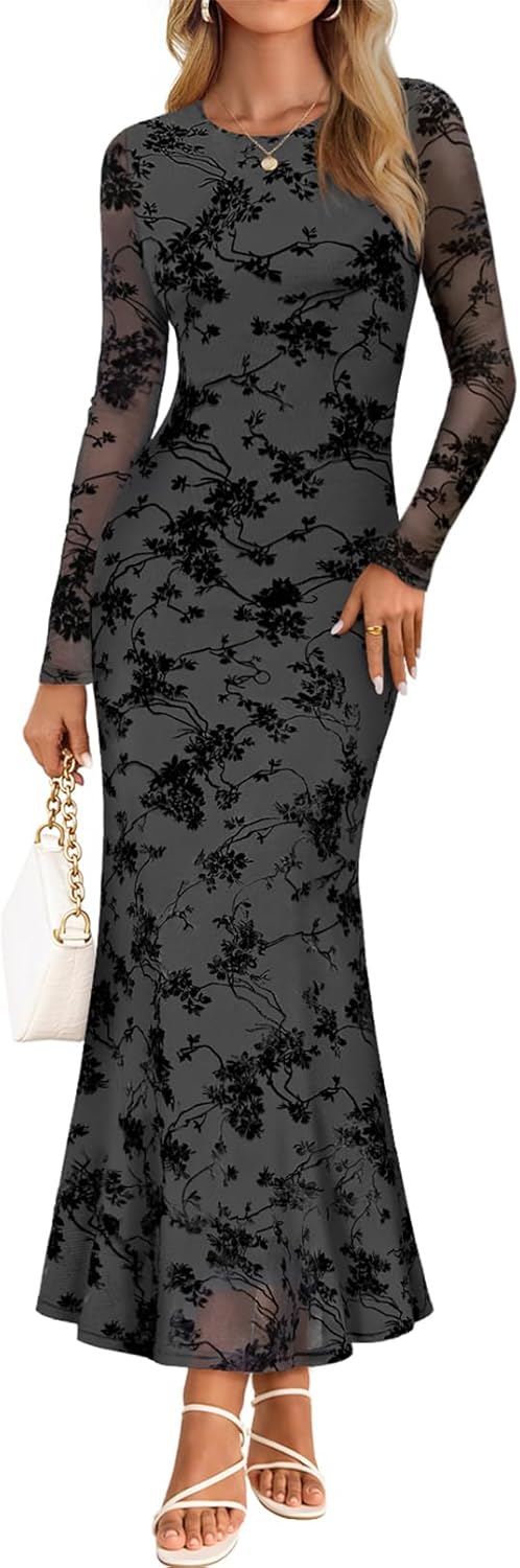 Elegant Floral Mesh Maxi Dress for Fall Weddings and Parties