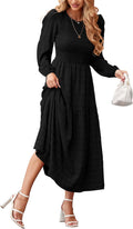 dowerme Womens Puff Long Sleeve Smocked Tiered Maxi Dress - Flowy Fall
