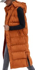 Long Puffer Vest for Women with Hood - Quilted Button & Zip Closure