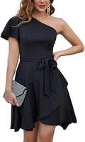 One Shoulder Ruffle Cocktail Dress - Elegant A Line Party Midi