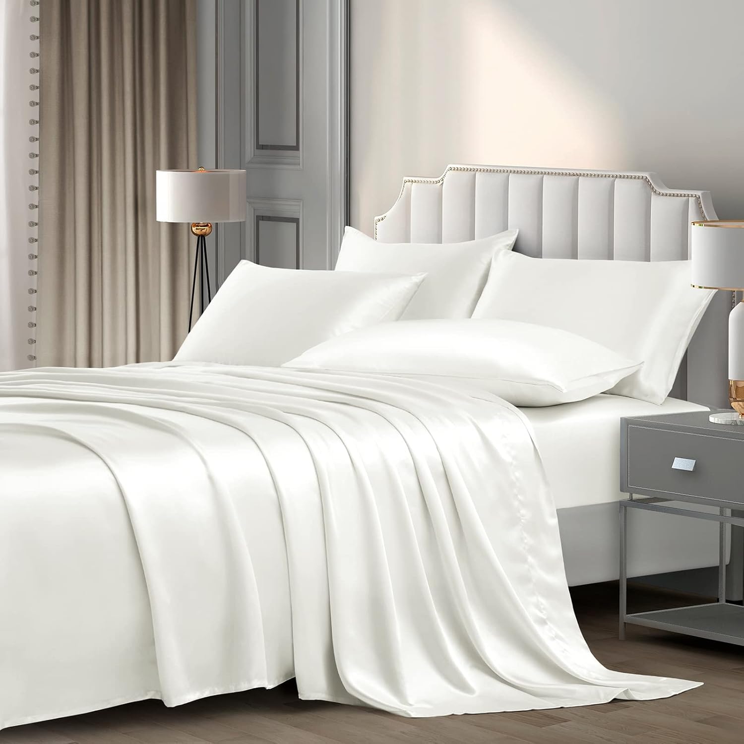 Luxury Satin Sheets Queen Set - 6 Pieces Silky Ivory White
