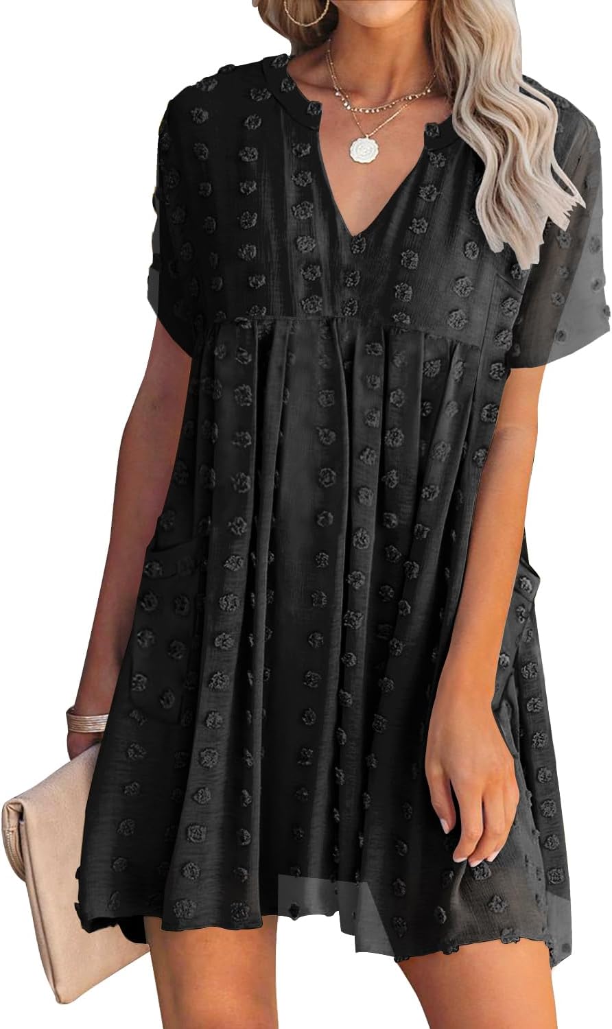 MIHOLL Women's V Neck Short Sleeve Ruffle Mini Dress