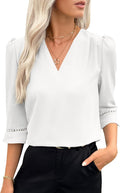 EVALESS Women's 3/4 Sleeve Pleated V Neck Top - Office Ready