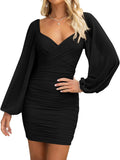 Fall Dresses for Women 2025 Cross V Neck Mesh Long Sleeve Bodycon Out
