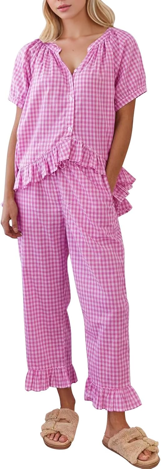 COZYPOIN Womens Gingham Pajama Set for Stylish Comfort