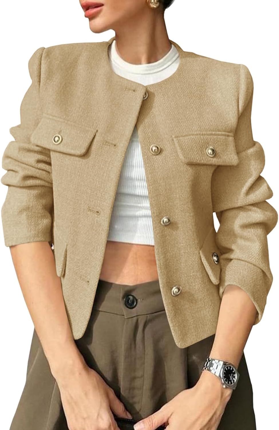 Cropped Tweed Blazer Jacket for Women - Stylish Business Casual