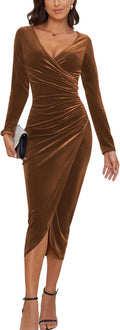 CYiNu V Neck Wrap Velvet Maxi Dress - Elegant Bodycon Ruched Fit