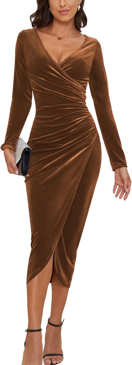 Elegant Bodycon Ruched Velvet Maxi Dress for Women by CYiNu