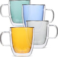 Colored Double Walled Glass Coffee Mugs, Set of 4 - Insulated 12oz