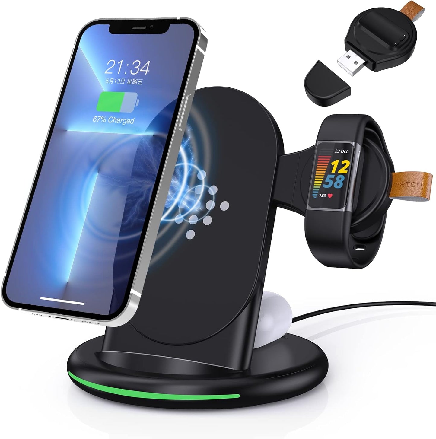 3 in 1 Wireless Charger for Fitbit Charge 6/5 and iPhone Devices