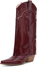 Women Shark Boots Fold Over Mid Calf Chunky Heel Snip Toe Boots