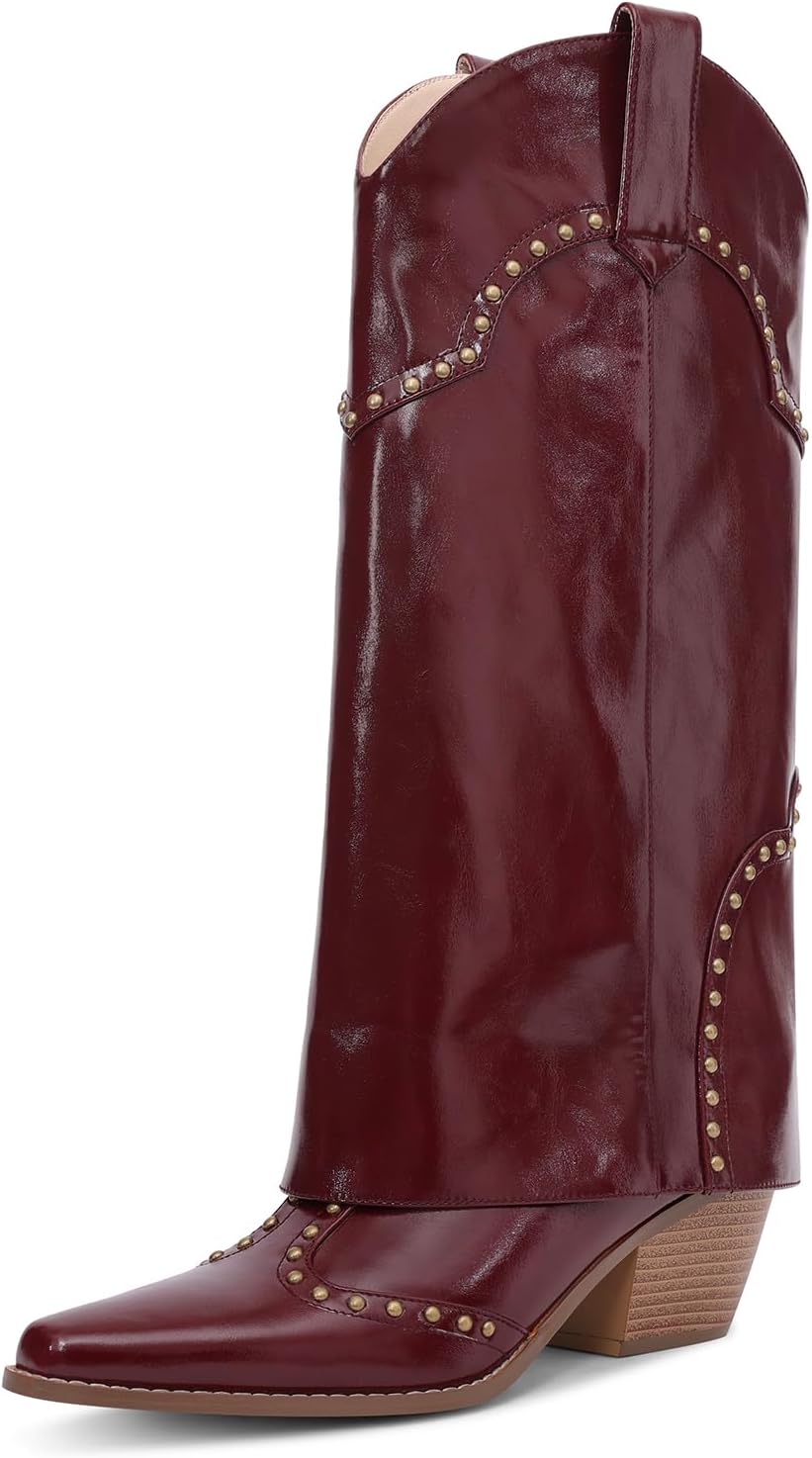 Women Shark Boots Fold Over Mid Calf Chunky Heel Stylish Design