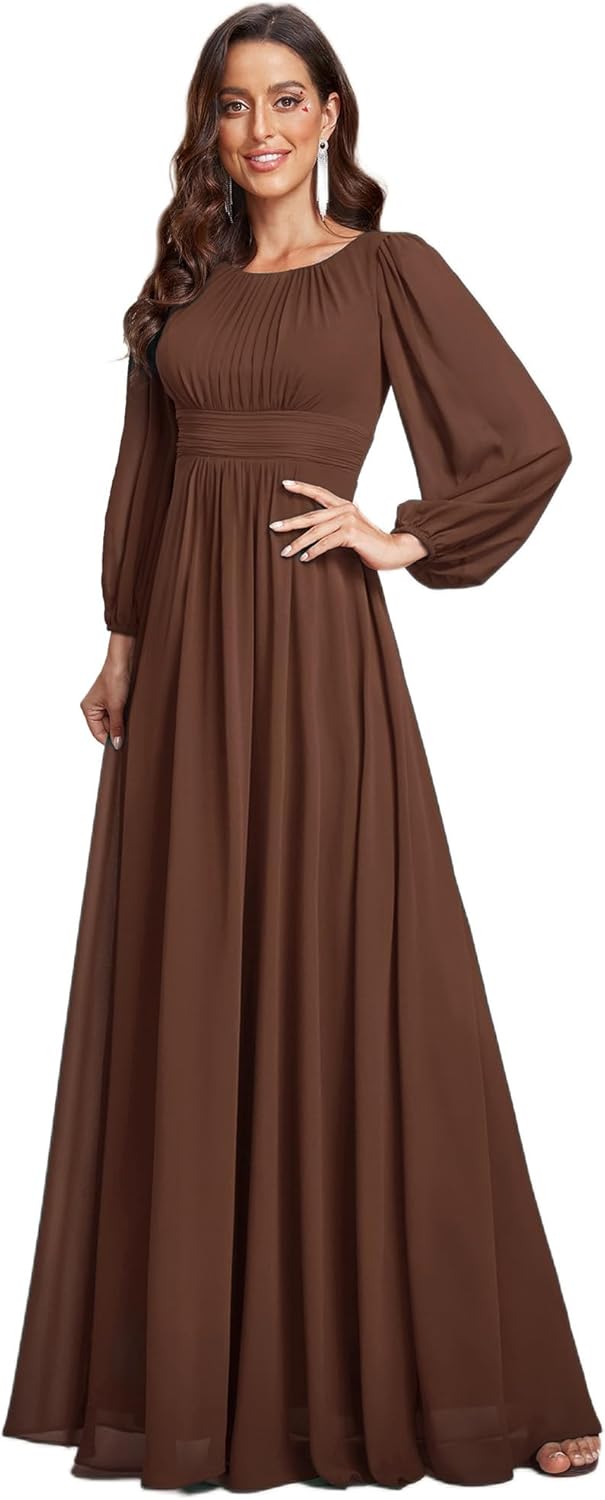 Elegant Long Sleeve A-Line Pleated Chiffon Formal Dress