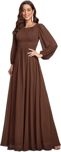Women's Crewneck Long Lantern Sleeve Chiffon A-Line Dress - Formal Fit