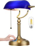 Blue Glass Bankers Desk Lamp - Stepless Dimmable LED