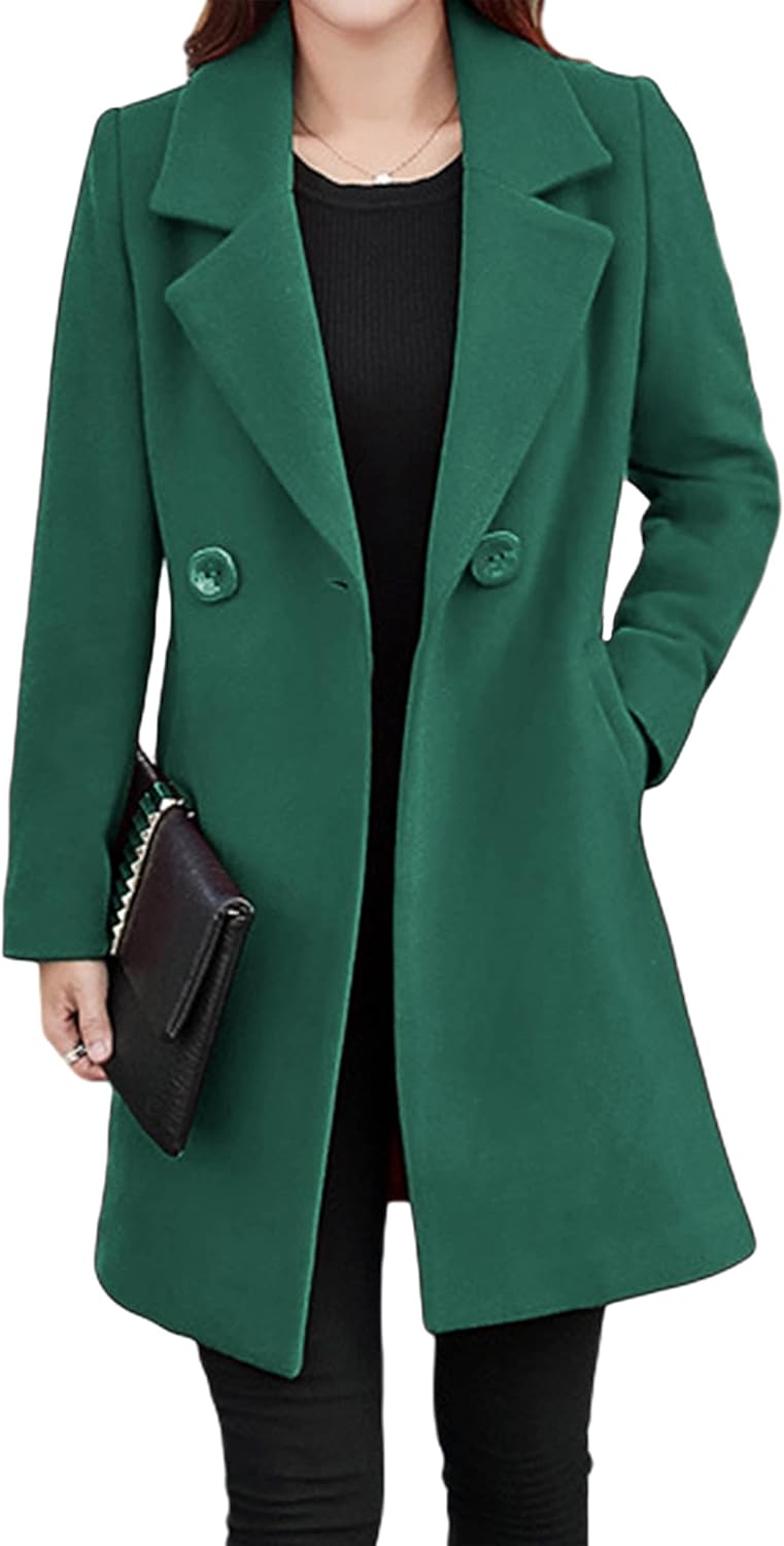 Tanming Womens Elegant Notched Collar Button Wool Blend Coat