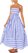 Women's Striped Back Smocked Maxi Dress - Flowy Spaghetti Strap Cutout