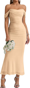KUTUMAI Off The Shoulder Maxi Long Dress Corset Ruched Bodycon brown