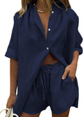 Fixmatti Women 2 Piece Outfits Long Sleeve Blouse and Shorts Set