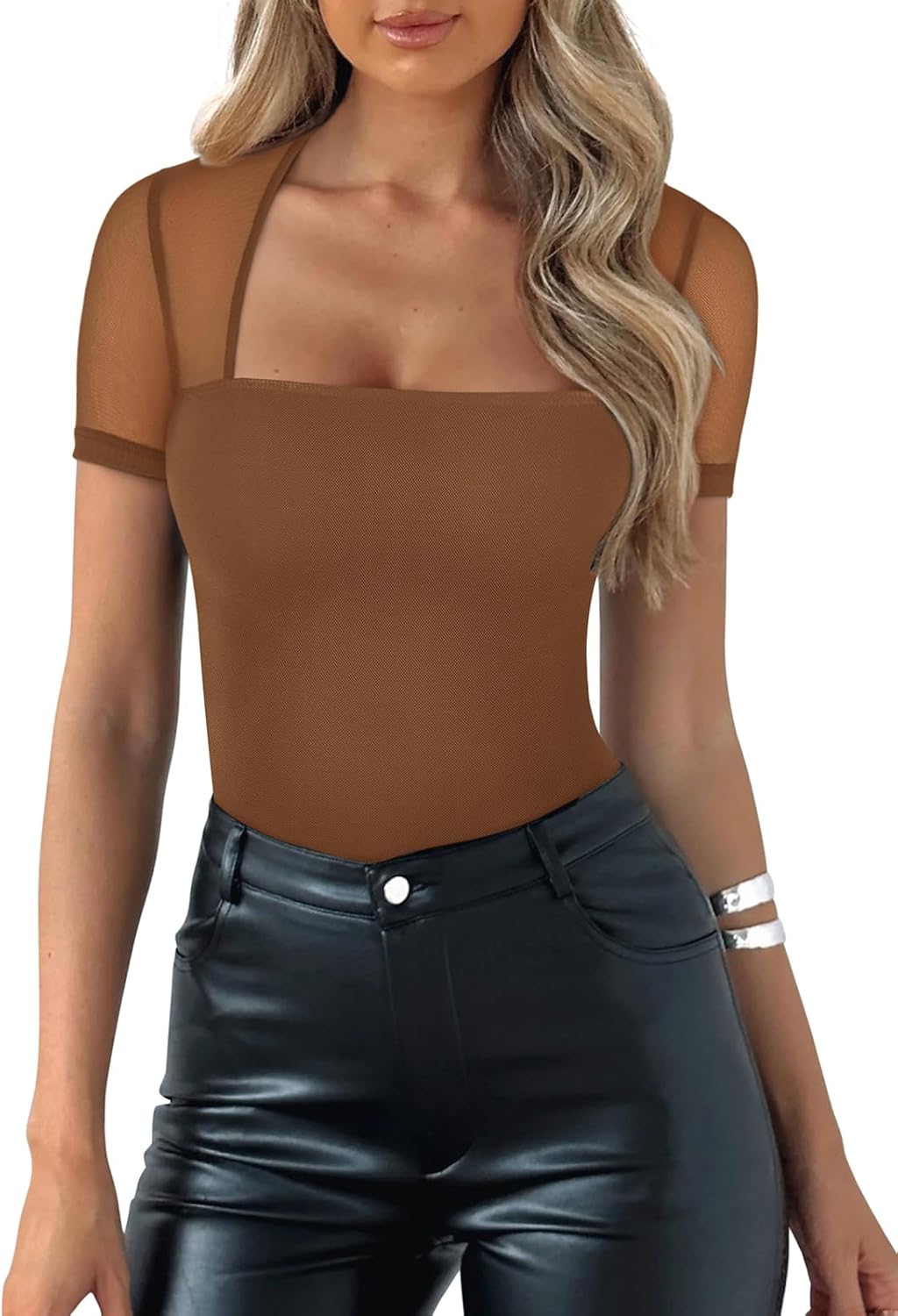 REORIA Women's Sexy Square Neck Bodysuit for Trendy Outfits