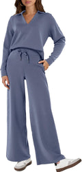 Women's 2 Piece Sweatsuit Set Casual Polo Top and Wide Leg Pants