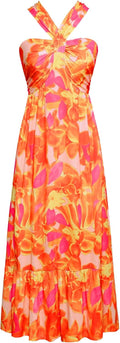 Women's Criss Cross Halterneck Floral Maxi Dress - Soft Flowy Fit
