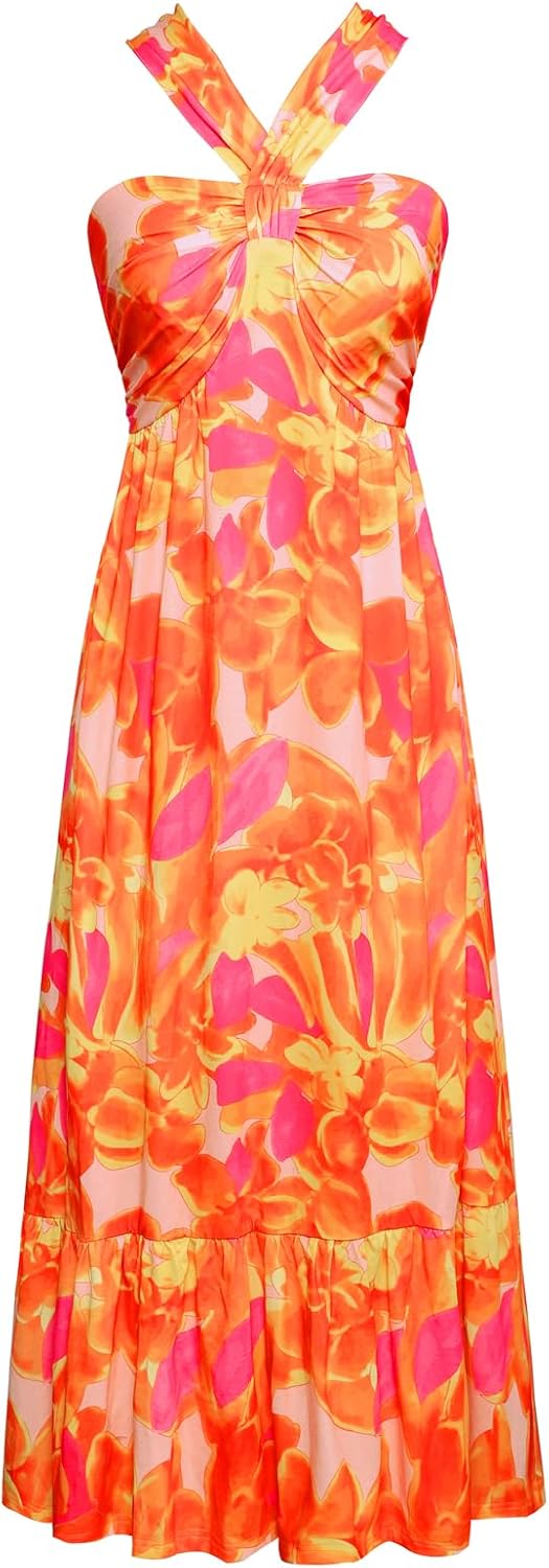 Women's Criss Cross Halterneck Floral Maxi Dress for Summer