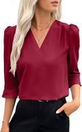 EVALESS 3/4 Sleeve Pleated V Neck Blouse - Dressy Casual Work Top