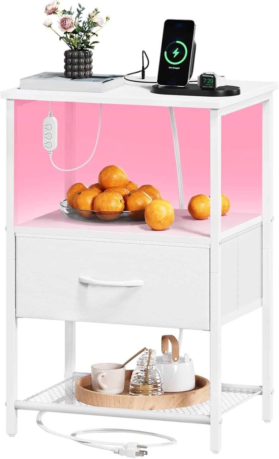 Somdot Nightstand with Charging Station and LED Light