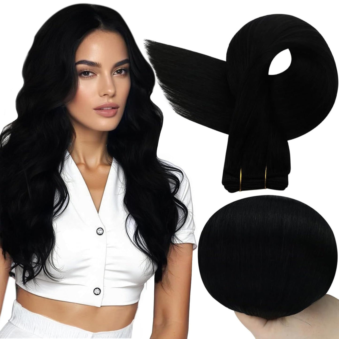 Full Shine 20 Inch Jet Black Real Human Hair Extensions Weft