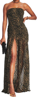 Women Tube Top Dress with Tiger Stripe Mesh Patchwork Design