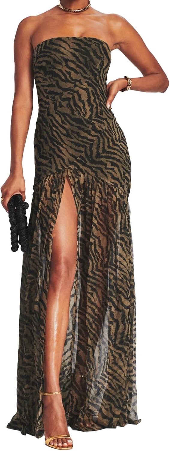 Women Tube Top Dress with Tiger Stripe Mesh Patchwork Design