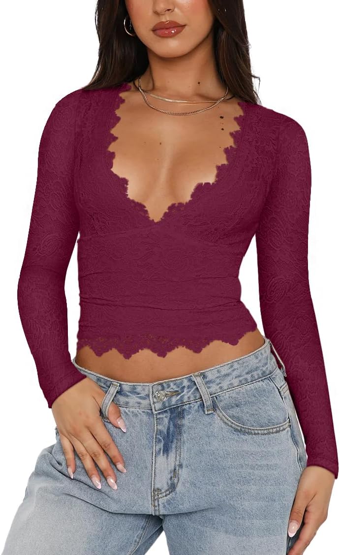REORIA Womens Sexy V-Neck Long Sleeve Crop Top for Trendy Style