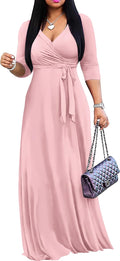 Women's Solid Color Maxi Dress V-Neck 3/4 Sleeve - Comfortable Boho