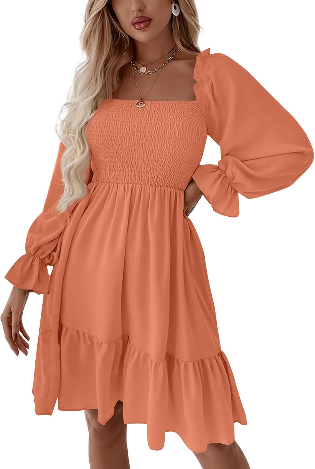LYANER Women's Square Neck Lantern Long Sleeve Ruffle Dress