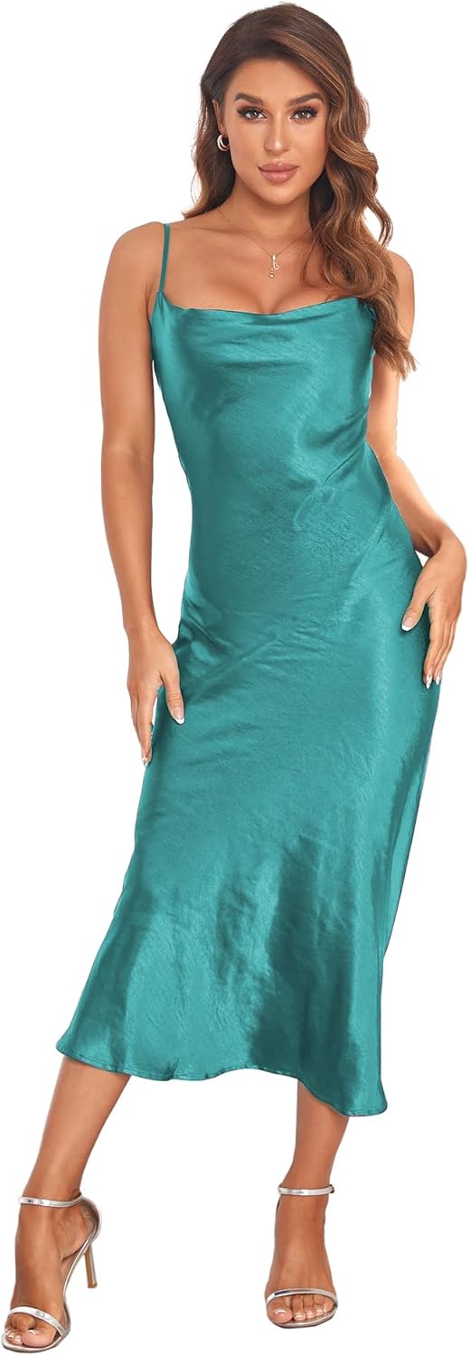 Women's Spaghetti Strap Midi Satin Silk Dress for Parties