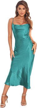 Women's Spaghetti Strap Satin Slip Cowl Neck Midi Dress - Sexy