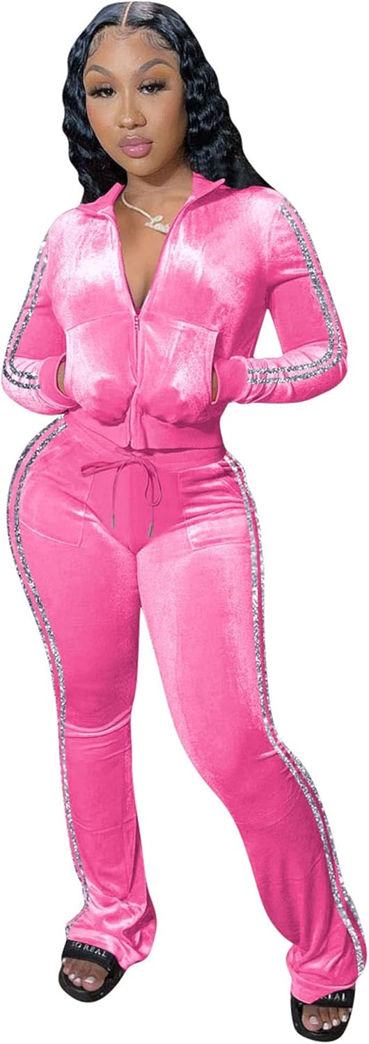 Womens Velour Tracksuit Set with Zip Up Crop Top and Pockets