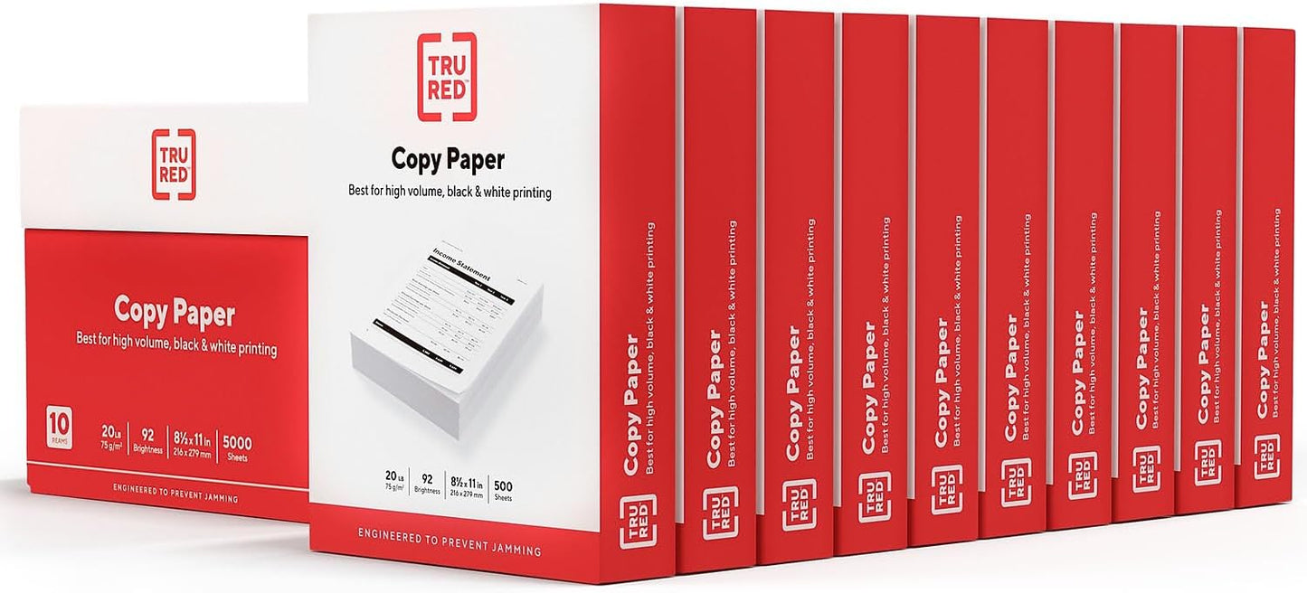 STAPLES TRU RED Copy Paper - Bright 92, 10 Reams