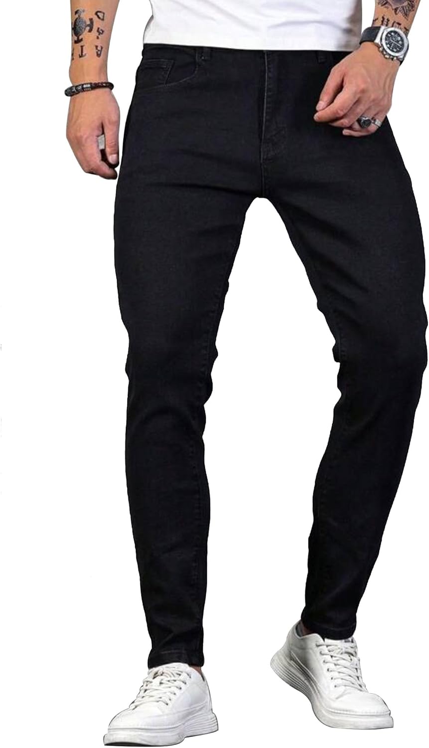 HUNGSON Men's Blue Slim Fit Jeans with Ripped Design and Stripes